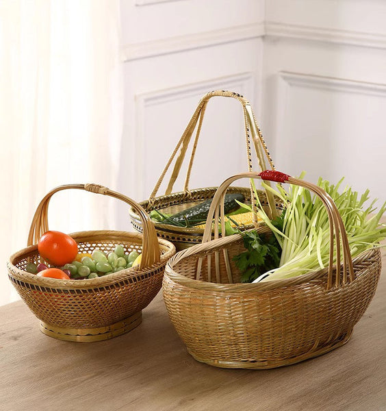 Natural Hand-woven Bamboo Basket, Extra Large Picnic Food Basket with Handle, Lovely Bamboo Baskets for Vegetable, Natural Fruit Basket Kitchen Storage Baskets-LargePaintingArt.com