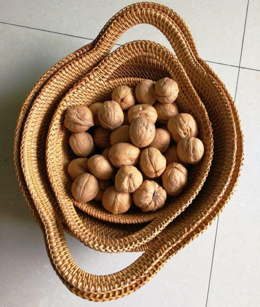 Woven Round Storage Basket, Storage Baskets for Kitchen, Rattan Storage Basket with Handle, Storage Basket for Dining Room, Set of 3-LargePaintingArt.com