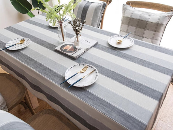 Gray Stripe Rectangular Tablecloth for Oval Table, Rectangular Table Covers for Coffee Table, Modern Table Cloths for Dining Room, Cotton and Linen Tablecloths-LargePaintingArt.com