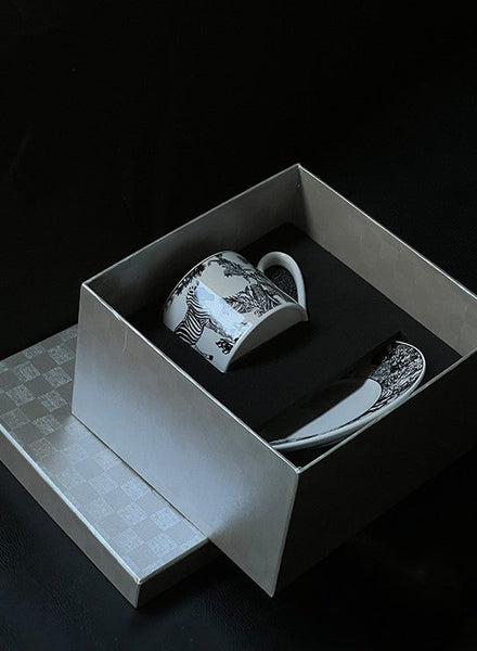 Royal Ceramic Cups, Elegant Ceramic Coffee Cups, 6.8 oz Tea Cup and Saucer in Gift Box, Zebra Jungle Porcelain Tea Cup Saucer Set-LargePaintingArt.com
