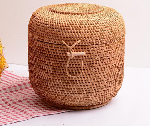 Small Woven Storage Basket, Storage Basket for Dining Room Table, Storage Basket with Lid, Storage Baskets for Kitchen, Rattan Storage Basket-LargePaintingArt.com