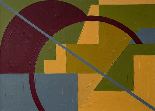 Mustard Yellow, Olive Green, Burgundy Red Colors, Geometric Pattern Contemporary Art for Mid-Century Modern Decor-LargePaintingArt.com