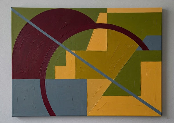 Mustard Yellow, Olive Green, Burgundy Red Colors, Geometric Pattern Contemporary Art for Mid-Century Modern Decor-LargePaintingArt.com