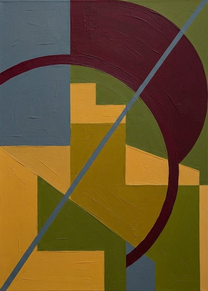 Mustard Yellow, Olive Green, Burgundy Red Colors, Geometric Pattern Contemporary Art for Mid-Century Modern Decor-LargePaintingArt.com