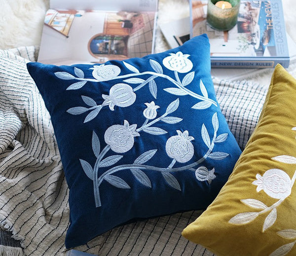 Large Decorative Pillows for Couch, Living Room Decorative Pillows, Blue Embroidered Pomegranate Cushion, Modern Throw Pillows for Bedroom, Decorative Pillow Arrangement Ideas for Couch-LargePaintingArt.com