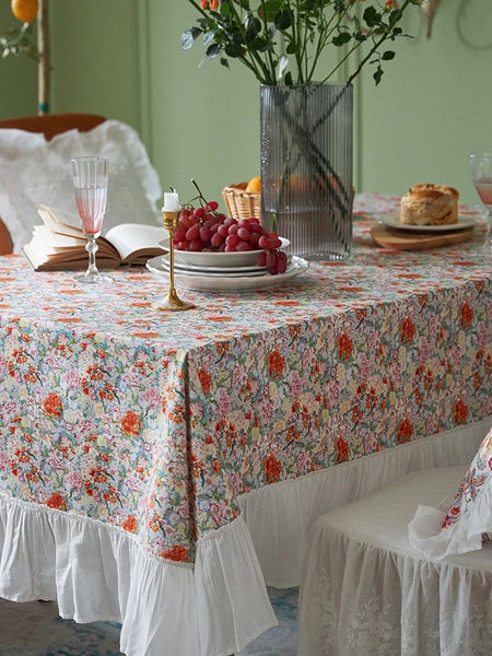 Extra Large Rectangle Tablecloth for Dining Room Table, Natural Spring Flower Farmhouse Table Cloth, Flower Pattern Cotton Tablecloth, Square Tablecloth for Round Table-LargePaintingArt.com