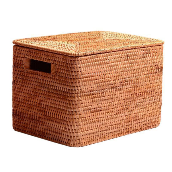 Rectangular Storage Basket with Lid, Rattan Storage Basket for Shelves, Extra Large Storage Baskets for Bedroom, Storage Baskets for Clothes-LargePaintingArt.com