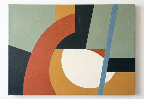Acrylic Abstract Contemporary Wall Art, Sage Green, Terracotta, Ochre Yellow Color, Original Geometric Abtract Art for Mid-Century Modern Decor-LargePaintingArt.com