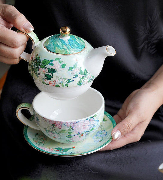 Vintage Style Stackable Tea Pot Set, English Style Tea Pot and Cup Set, Ceramic Tea Pot with Integrated Cup, Mother-and-Baby Teapot with Matching Saucer-LargePaintingArt.com