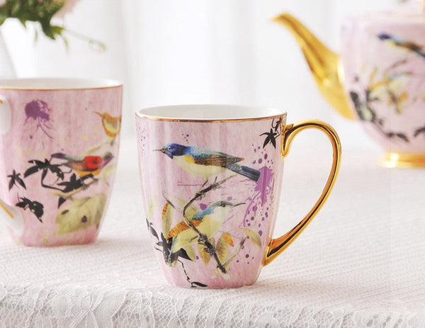 Elegant Pink Ceramic Coffee Mug, Beautiful Bird Flower Ceramic Mug, Large Creative Porcelain Mug, Large Capacity Ceramic Mugs for Office-LargePaintingArt.com