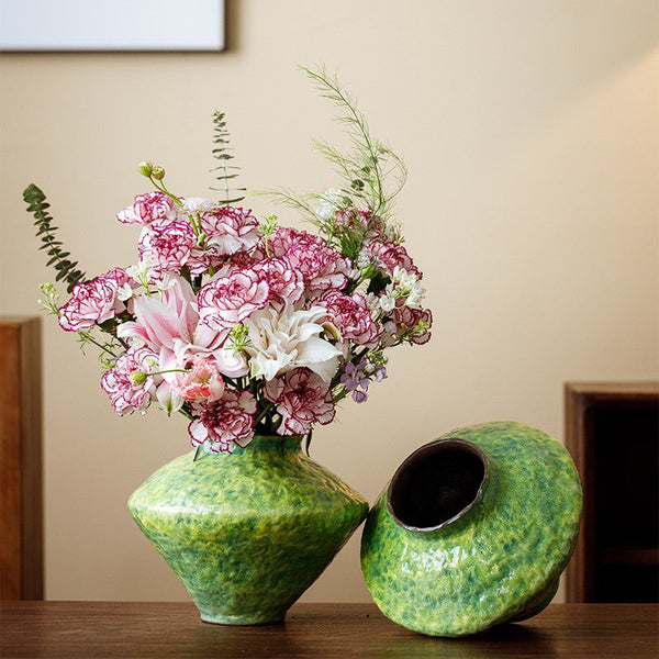 Modern Pottery Flower Vases, Handmade Water Holding Flower Vases, Pottery Bud Vases, Large Green Flower Vases on Table, Centerpiece on Dining Table-LargePaintingArt.com