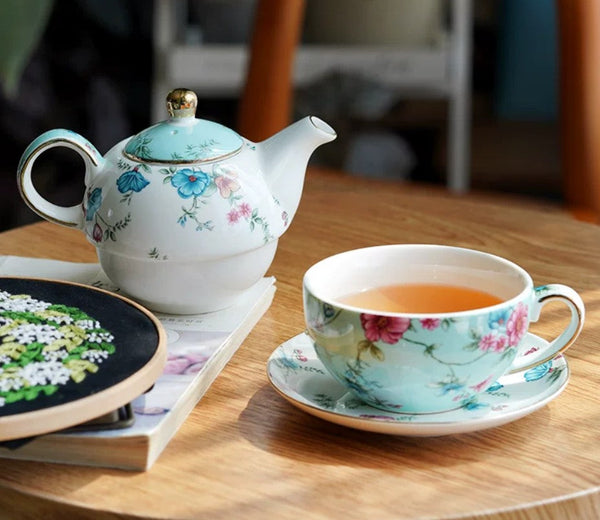 Porcelain Teapot with Matching Cup and Saucer in Gift Box, Stackable Teapot and Cup Set, Ceramic Tea Pot with Integrated Cup, Mother and Baby Teapot with Matching Saucer-LargePaintingArt.com