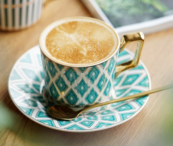 Afternoon Green British Tea Cups, Unique Ceramic Coffee Cups, Creative Porcelain Tea Cup Saucer Set, Traditional English Tea Cup and Saucer-LargePaintingArt.com