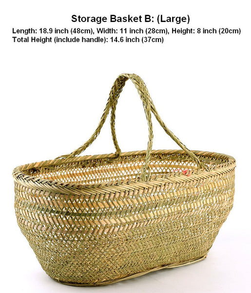 Picnic Food Basket with Handle, Large Natural Hand-woven Bamboo Basket, Lovely Bamboo Baskets for Vegetable, Natural Fruit Basket Kitchen Storage Baskets-LargePaintingArt.com