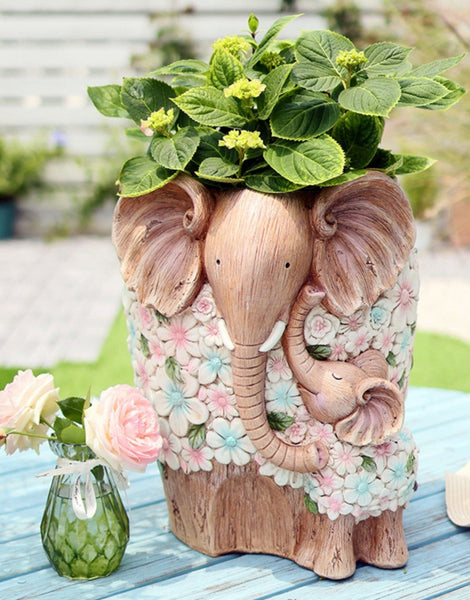 Beautiful Elephant Flowerpot, Modern Garden Flower Pot, Unique Animal Statue for Garden Ornaments, Resin Statue for Garden, Villa Outdoor Decor Gardening Ideas-LargePaintingArt.com