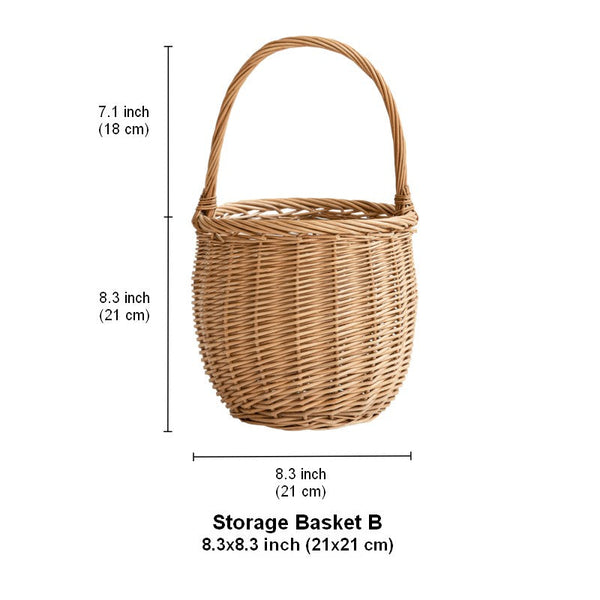 Wicker Storage Basket for Kitchen, Hand-woven Picnic Food Basket with Handle, Willow Weaving Baskets for Vegetable, Natural Fruit Basket, Storage Basket for Shelves