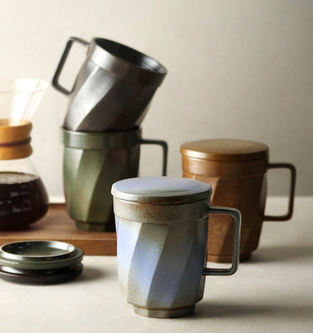 Creative Brown Green Blue Black Ceramic Coffee Mugs, Large Modern Handmade Pottery Coffee Cup, Large Unique Tea Cup, Large Capacity Coffee Mug with Cover-LargePaintingArt.com