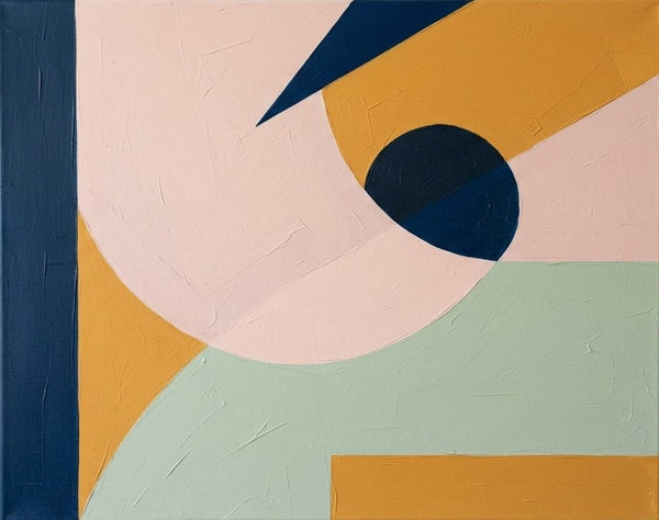 Contemporary Canvas Wall Art, Soft Pink, Mint Green, Mustard Yellow Colors, Geometric Pattern Abtract Artwork, Original Abstract Paintings-LargePaintingArt.com