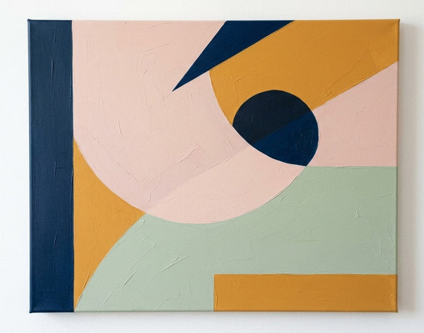 Contemporary Canvas Wall Art, Soft Pink, Mint Green, Mustard Yellow Colors, Geometric Pattern Abtract Artwork, Original Abstract Paintings-LargePaintingArt.com