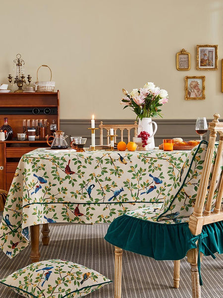Large Modern Rectangle Tablecloth for Dining Room Table, Bird Flower Pattern Farmhouse Table Cloth, Square Tablecloth for Round Table-LargePaintingArt.com