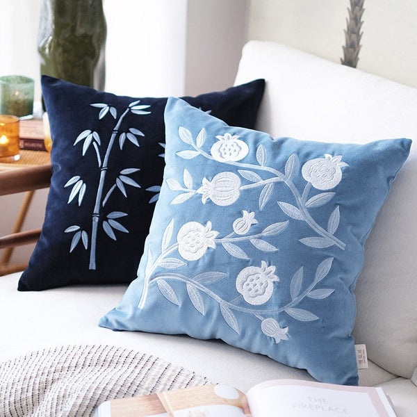 Large Decorative Pillows for Couch, Living Room Decorative Pillows, Blue Embroidered Pomegranate Cushion, Modern Throw Pillows for Bedroom, Decorative Pillow Arrangement Ideas for Couch-LargePaintingArt.com