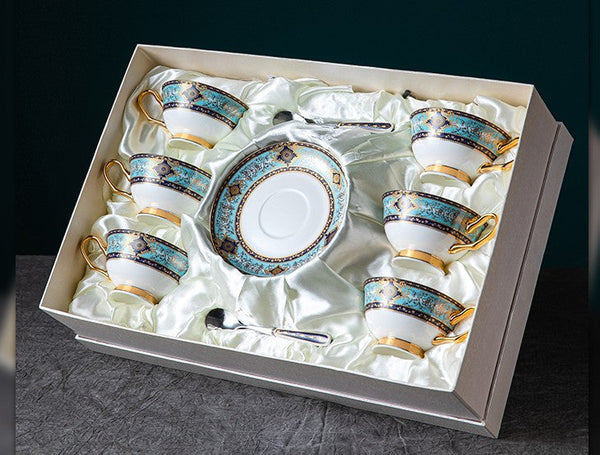 Elegant British Ceramic Coffee Cups, 7.4 oz Porcelain Tea Cup Set for Office, Unique Tea Cup and Saucer in Gift Box-LargePaintingArt.com