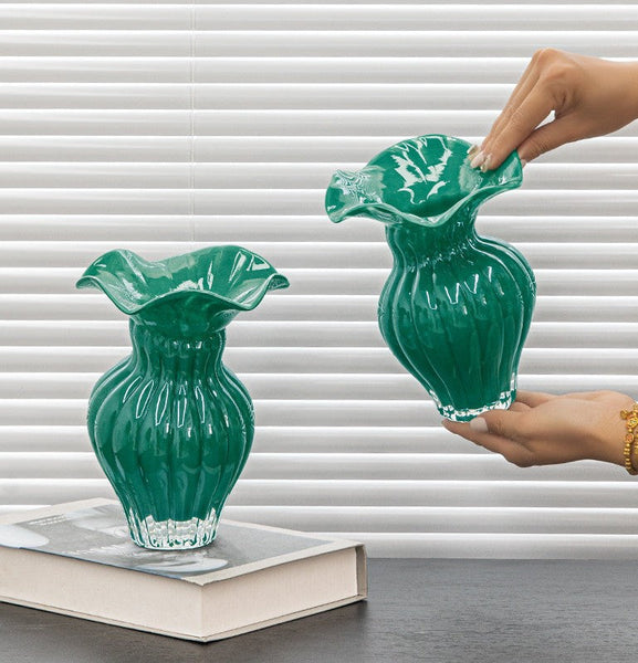 Contemporary Vases for Modern Home Decor, Unique Handmade Liuli Vases, Color Glaze Vase, Green Glass Bud Vases, Centerpiece Vases on Table-LargePaintingArt.com