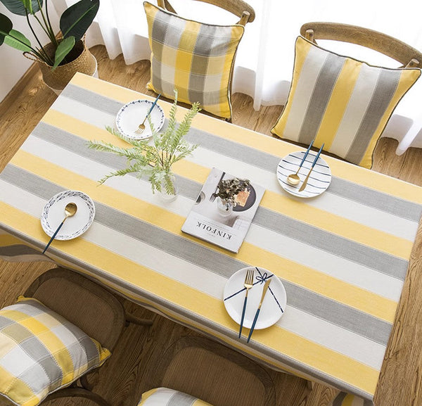 Yellow Stripe Cotton and Linen Tablecloths, Rectangular Tablecloth for Oval Table, Kitchen Rectangular Table Covers, Modern Table Cloths for Dining Room-LargePaintingArt.com