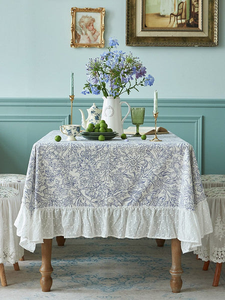 Cotton Rectangle Tablecloth for Dining Room Table, Natural Spring Farmhouse Table Cloth, Blue Flower Pattern Cotton Tablecloth, Square Tablecloth for Round Table-LargePaintingArt.com