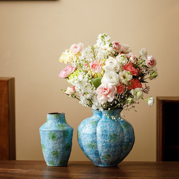Pottery Flower Vases, Modern Bouquet Flower Vases, Centerpiece on Dining Table, Blue Flower Vase on Table, Handmade Water Holding Flower Vases-LargePaintingArt.com