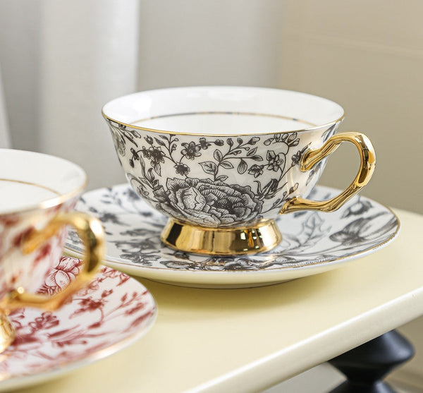 Elegant Flower Ceramic Cups, Unique Royal Coffee Cup and Saucer, Creative Bone China Porcelain Tea Cup Set, Beautiful British Tea Cups-LargePaintingArt.com