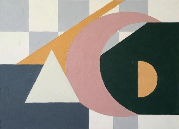 Dark Green, Grayish Blue, Dusty Pink Colors, Geometric Pattern Abstract Wall Art for Mid-Century Contemporary Living Room-LargePaintingArt.com