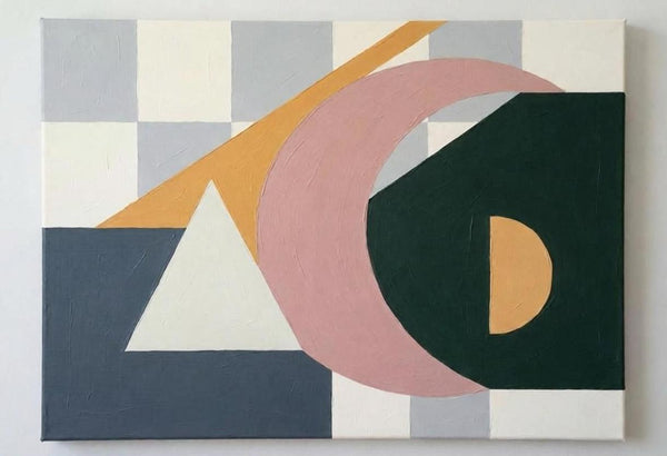 Dark Green, Grayish Blue, Dusty Pink Colors, Geometric Pattern Abstract Wall Art for Mid-Century Contemporary Living Room-LargePaintingArt.com