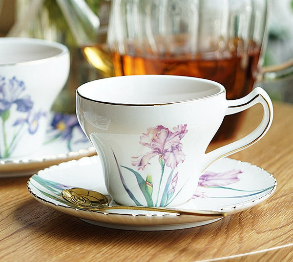 Iris Flower British Tea Cups, Beautiful Bone China Porcelain Tea Cup Set, Traditional English Tea Cups and Saucers, Unique Ceramic Coffee Cups in Gift Box-LargePaintingArt.com