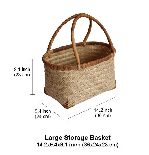 Storage Basket with Handle, Large Kitchen Storage Baskets, Natural Hand-woven Bamboo Storage Basket, Lovely Bamboo Weaving Baskets for Vegetable, Picnic Fruit Storage Baskets