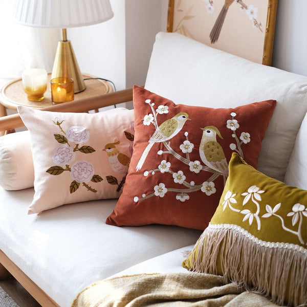 Modern Throw Pillows for Bedroom, Decorative Pillows for Couch, Vintage Decorative Pillows, Embroidered Birds Cushion, Decorative Pillow Arrangement Ideas for Couch-LargePaintingArt.com