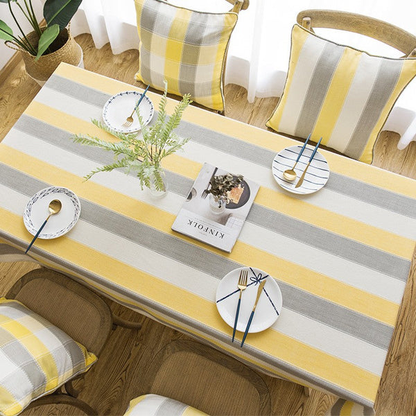 Yellow Stripe Cotton and Linen Tablecloths, Rectangular Tablecloth for Oval Table, Kitchen Rectangular Table Covers, Modern Table Cloths for Dining Room-LargePaintingArt.com