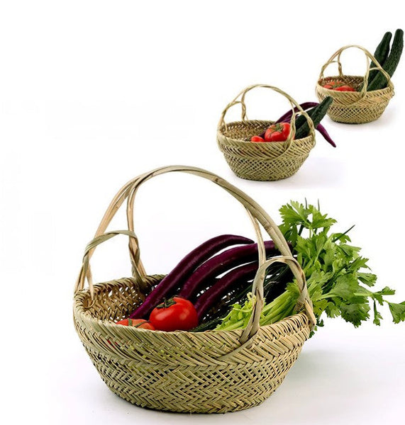 Natural Hand-woven Bamboo Basket, Large Picnic Food Basket with Handle, Lovely Bamboo Baskets for Vegetable, Natural Fruit Basket Kitchen Storage Baskets-LargePaintingArt.com