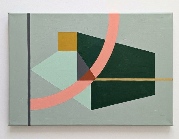 Original Abstract Paintings, Dark Green, Light Sega Green, Pinkish Coral Colors, Geometric Pattern Modern Canvas Artwork-LargePaintingArt.com