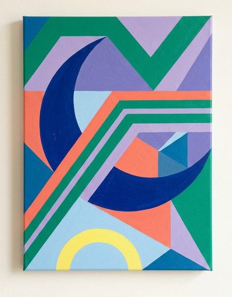 Original Abstract Paintings, Royal Blue, Light Purple, Emerald Green Colors, Geometric Pattern Contemporary Art for Bauhaus Modern Decor-LargePaintingArt.com