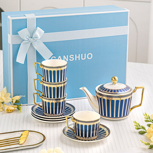 Porcelain Tea Cup and Saucer Set of 4 cups, British Tea Cup Set, 7.4 oz Blue Ceramic Tea Cup and Saucer Set with Teapot, Modern Blue Coffee Cup with Saucer-LargePaintingArt.com