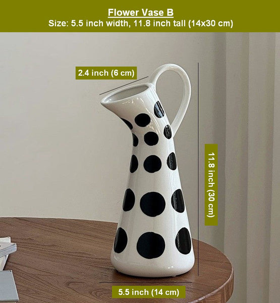 Ceramic Bud Vases, Small Flower Vases on Table, Black and White Polka Dot Flower Vase, Modern Porcelain Flower Vases, Handmade Water Holding Flower Vases-LargePaintingArt.com