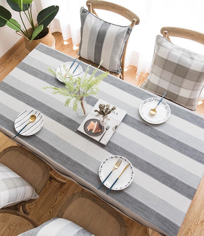 Gray Stripe Rectangular Tablecloth for Oval Table, Rectangular Table Covers for Coffee Table, Modern Table Cloths for Dining Room, Cotton and Linen Tablecloths-LargePaintingArt.com