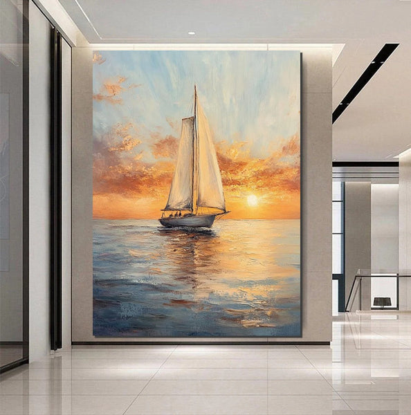 Simple Painting Ideas for Dining Room, Modern Acrylic Canvas Painting, Acrylic Painting on Canvas, Oversized Canvas Painting for Sale, Sail Boat Paintings-LargePaintingArt.com