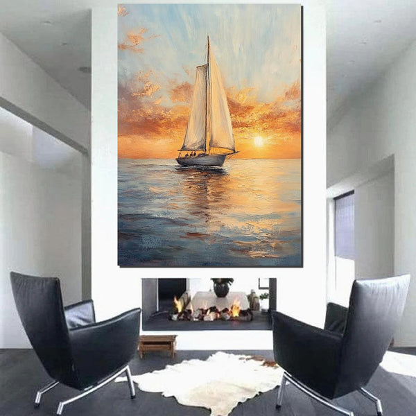 Simple Painting Ideas for Dining Room, Modern Acrylic Canvas Painting, Acrylic Painting on Canvas, Oversized Canvas Painting for Sale, Sail Boat Paintings-LargePaintingArt.com
