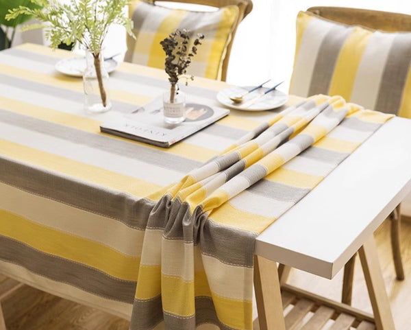 Yellow Stripe Cotton and Linen Tablecloths, Rectangular Tablecloth for Oval Table, Kitchen Rectangular Table Covers, Modern Table Cloths for Dining Room-LargePaintingArt.com