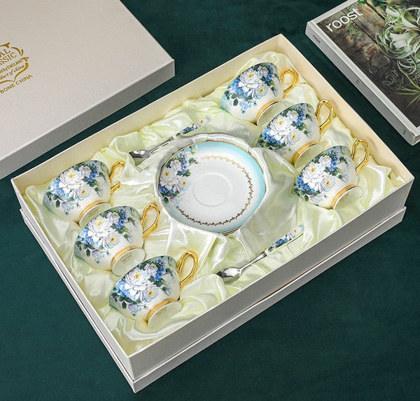 Elegant British Ceramic Coffee Cups, 7.4 oz Tea Cup and Saucer in Gift Box, Royal Porcelain Tea Cup Saucer Set, Rose Flower Pattern Ceramic Cups-LargePaintingArt.com