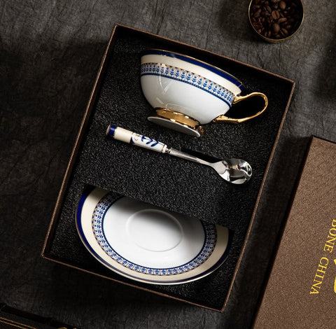 Blue Bone China Porcelain Tea Cup Set, Elegant British Ceramic Coffee Cups, Unique British Tea Cup and Saucer in Gift Box-LargePaintingArt.com