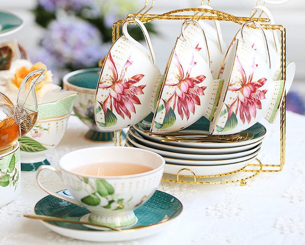 Lotus Flower Porcelain Tea Cup Saucer Set, Elegant Ceramic Coffee Cups, Beautiful British Tea Cups, Traditional English Tea Cup and Saucer-LargePaintingArt.com