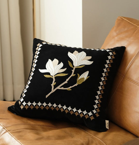 Magnolia Embroidered Cushion, Decorative Pillow Arrangement Ideas for Couch, Large Decorative Pillows for Couch, Modern Throw Pillows for Bedroom, Living Room Decorative Pillows-LargePaintingArt.com